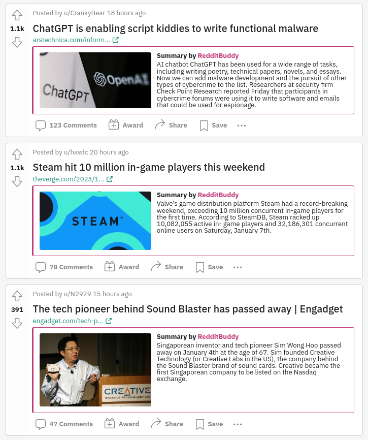 Screenshot of r/Technews augmented by summaries from RedditBuddy